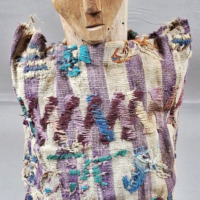 Sale Photo Thumbnail #110: Guna Nuchu Carved Wood Medicine Figure with Embroidered Purple Striped Tunic