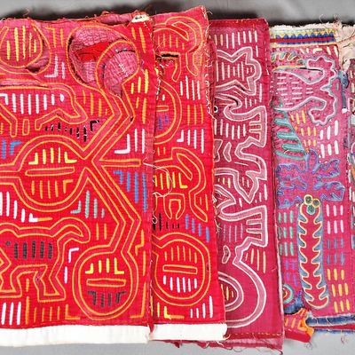 Sale Photo Thumbnail #252: Group of 5 Guna Mola Panels Figural Narratives and Abstract Animals