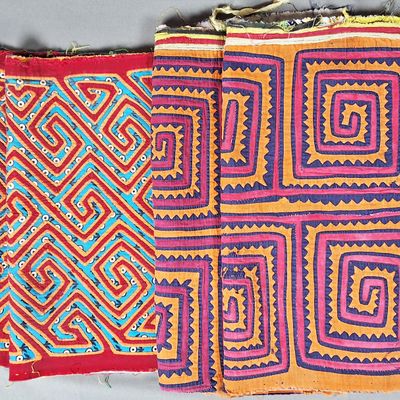 Sale Photo Thumbnail #244: Group of 2 Matched Sets Guna Mola Panels Geometric Spirals and Maze Patterns