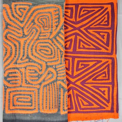 Sale Photo Thumbnail #205: Group of 2 Guna Mola Panels Paired Birds and Maze Quadrant