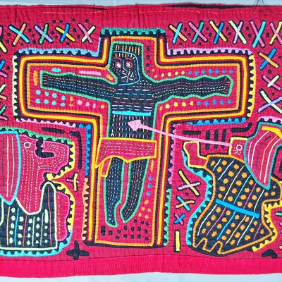 Sale Photo Thumbnail #79: Guna Mola Panel Crucifixion Scene with Flanking Figures