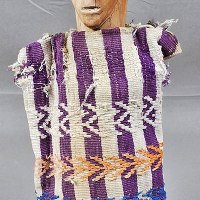 Sale Photo Thumbnail #109: Guna Nuchu Carved Wood Medicine Figure in Purple and White Striped Woven Tunic