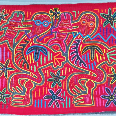 Sale Photo Thumbnail #65: Guna Mola Panel Two Spectacled Pelicans with Fish