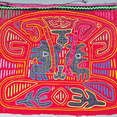 Sale Photo Thumbnail #40: Guna Mola Panel Paired Animals with Serpents