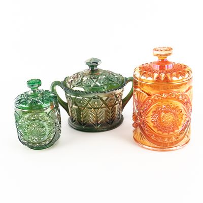 Sale Photo Thumbnail #168: Carnival Glass: Covered Pieces 3pc Lot