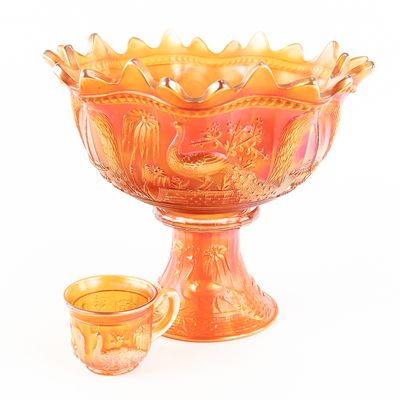 Sale Photo Thumbnail #6: Carnival Glass N' wood Peacocks Fountain 3pc Punch
