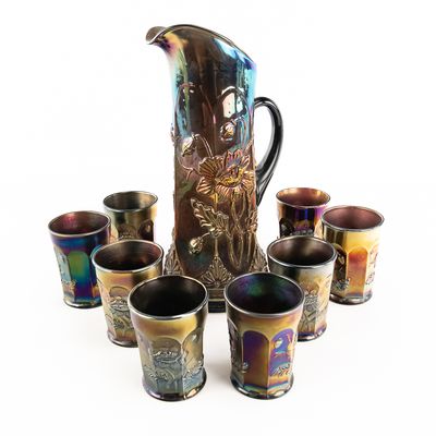 Sale Photo Thumbnail #7: Carnival Glass N'wood Oriental Poppy 9pc Water Set