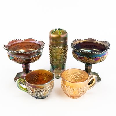 Sale Photo Thumbnail #104: Carnival Glass: N'wood Grape 5-Pc Lot