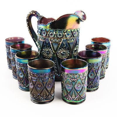 Sale Photo Thumbnail #54: Carnival Glass:Imperial Diamond Lace 9pc Water Set