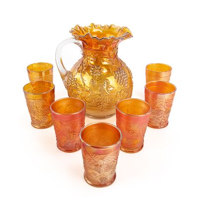 Sale Photo Thumbnail #113: Carnival Glass Floral & Grape 8-Pc Water Set
