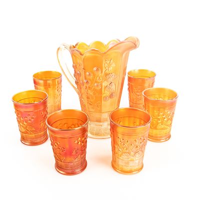 Sale Photo Thumbnail #111: Carnival Glass N'wood Raspberry 7-Pc Set