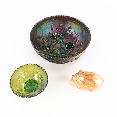 Sale Photo Thumbnail #175: Carnival Glass: Imperial & Anchor Hocking 3pc Lot