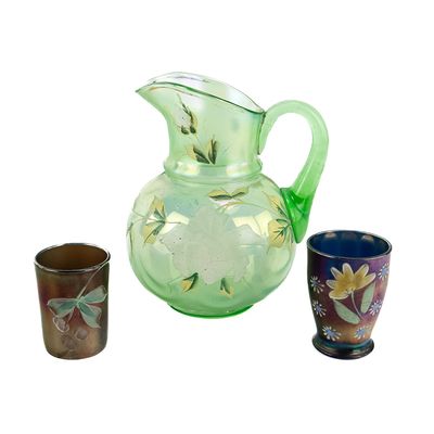 Sale Photo Thumbnail #205: Carnival Glass Enameled: 3-Pc Lot