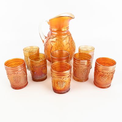 Sale Photo Thumbnail #53: Carnival Glass: Dugan Vineland 8pc Water Set