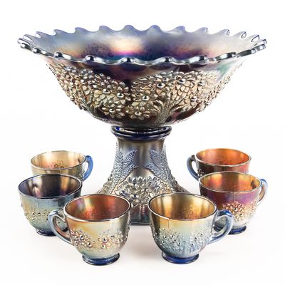 Sale Photo Thumbnail #57: Carnival Glass: Fenton Orange Tree 8pc Punch Set