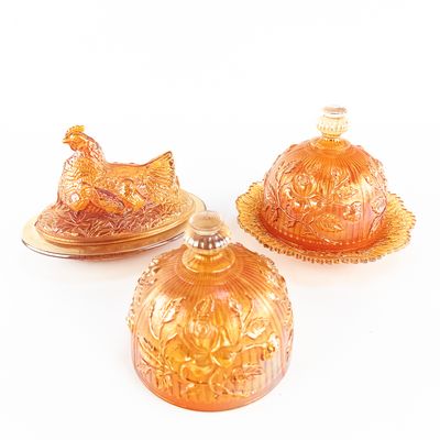 Sale Photo Thumbnail #158: Carnival Glass Butter Dishes: 3-Pc Lot