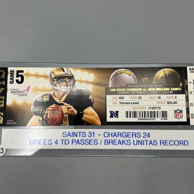 October 7th, 2012 New Orleans Saints Vs. San Diego Chargers Ticket  - Drew Brees Breaks Unitas's Game TD Streak