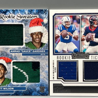 2022 Panini Donruss Sauce Gardner/Garrett Wilson Rookie Sweaters Dual Relic & 2023 Panini Contenders Anthony Richardson/CJ Stroud...