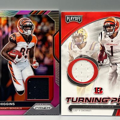 2020 Panini Prizm Tee Higgins Pink Premier RC Relic & 2021 Panini Playoff JaMarr Chase Turning Pro RC Relic