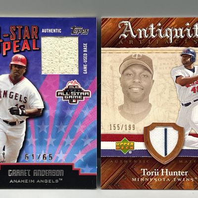 2004 Topps Garret Anderson All Star Appeal Game Used Base Relic #/65 & 2007 Upper Deck Artifacts Torii Hunter Game Used Relic #/199