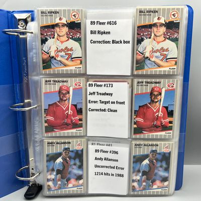 Binder of Assorted Multi-Sport Error/Variation Cards W/ 1989 Fleer Bill Ripken FF Black Box & Treadway Target Error