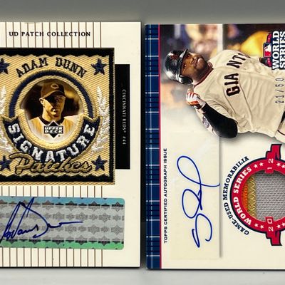 2003 Upper Deck Patch Collection Adam Dunn Auto #SP-AD & 2013 Topps Pablo Sandoval World Series Champions Game Used Patch Auto #/50