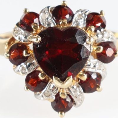 14K YELLOW GOLD GARNET DIAMOND LADIES HEART RING