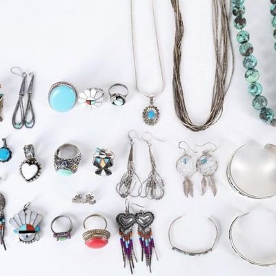 LARGE LADIES SOUTHWEST STERLING JEWELRY LOT OF 30