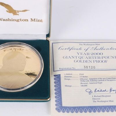 2000 SACAGAWEA 4 OZ FINE SILVER 24K LAYERED ROUND