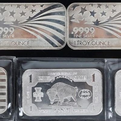 ASSORTED FINE SILVER 1 OZT BULLION BARS - (5)