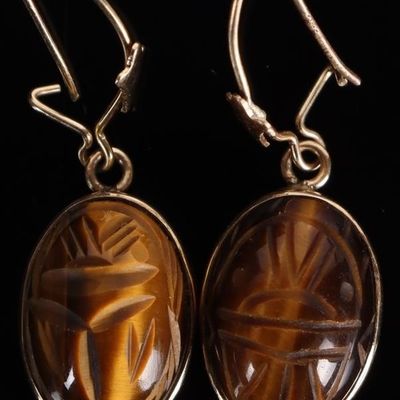 14K YELLOW GOLD LADIES EARRINGS W/ TIGERS EYE