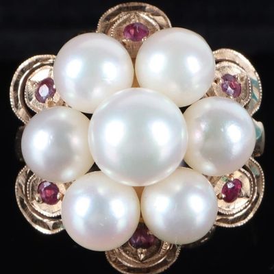 7.6-6.0MM PEARL & RUBY 14K YELLOW GOLD RING