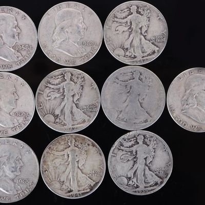 ASSORTED 90% SILVER U.S. HALF DOLLARS - (10)