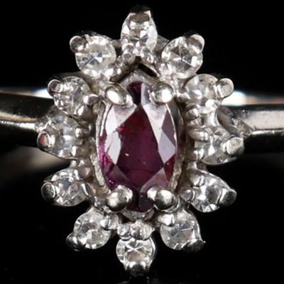 BIG 14K WHITE GOLD LADIES RING W/ RUBY & DIAMONDS