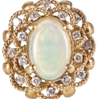 14K YELLOW GOLD OPAL DIAMOND FILIGREE LADIES RING