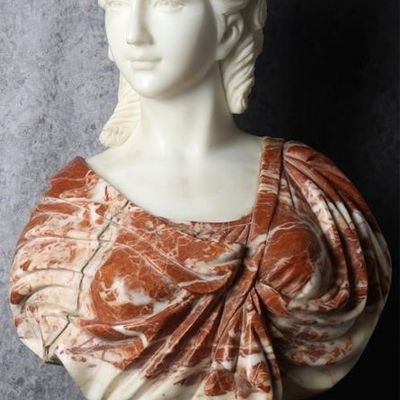 VINTAGE MARBLE BUST WOMAN W/ RED COLORED ROBE