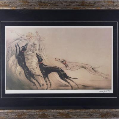 LOUIS ICART LADY WITH GREYHOUNDS DRYPOINT PRINT