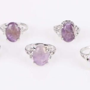 PURPLE NATURAL AMETHYST LADIES SILVER-TONE RINGS