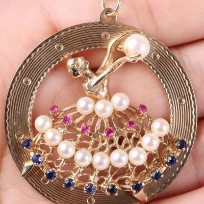 18GRAM 14K PEARL SAPPHIRE RUBY BALLERINA  PENDANT