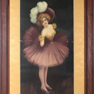1800'S DANCEHALL GIRL CHROMOLITHOGRAPH FRAMED