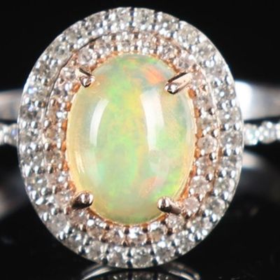 EFFY 14K WHITE GOLD CABOCHON OPAL DIAMOND RING