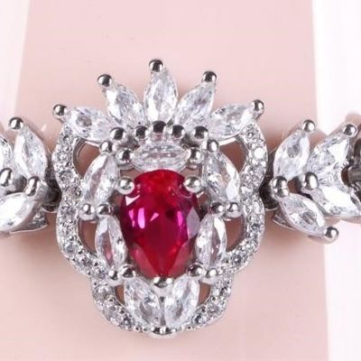 STERLING SILVER LADIES BRACELET W/ RUBY & CRYSTAL