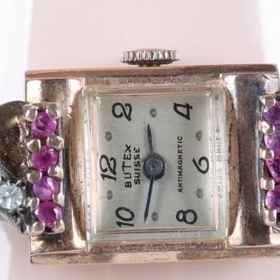 BUTEX SUISSE 14K ROSE GOLD WRISTWATCH W DIA & RUBY