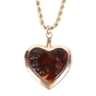 FIRE AGATE 14K YELLOW GOLD HEART PENDANT NECKLACE