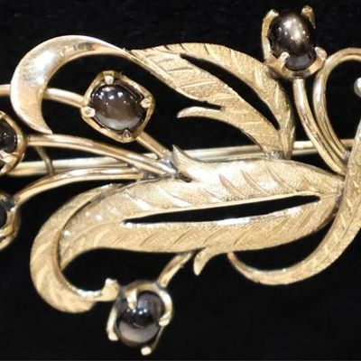 14K YELLOW GOLD CAT'S EYE SAPPHIRE FEATHER BROOCH