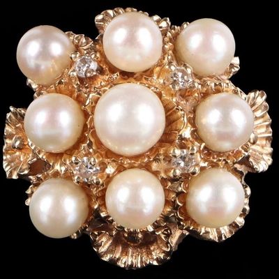 14K YELLOW GOLD NATURAL DIAMOND PEARL LADIES RING