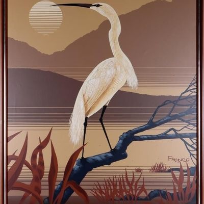 EGRET PERCH FRANCO 1970'S OIL ON CANVAS FRAMED