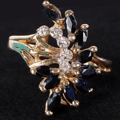 VINTAGE 14K MARQUISE CUT SAPPHIRE & DIAMOND RING
