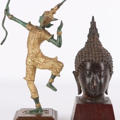 VINTAGE THAI BRONZE ARCHER & BUDDHA HEAD WOOD BASE