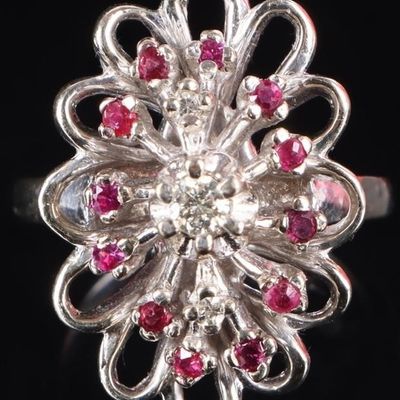 14K WHITE GOLD DIAMOND & PINK TOPAZ LADIES RING